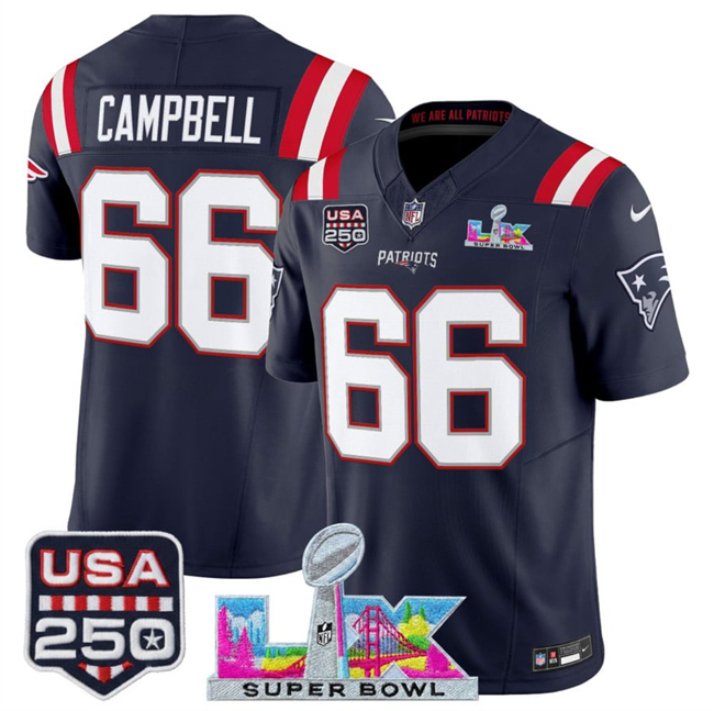 Men's New England Patriots #66 Will Campbell Navy 2025 F.U.S.E. Super Bowl LX Patch And USA 250' Patch Vapor Limited Football Stitched Jersey